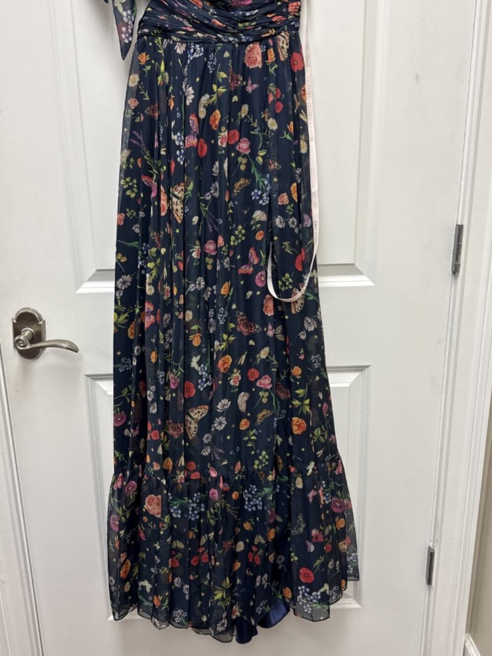 MAC DUGGAL Size 0 Navy 67938 Floral Tied One Shoulder Cut-Out Flowy Gown Dress - Picture 9 of 14